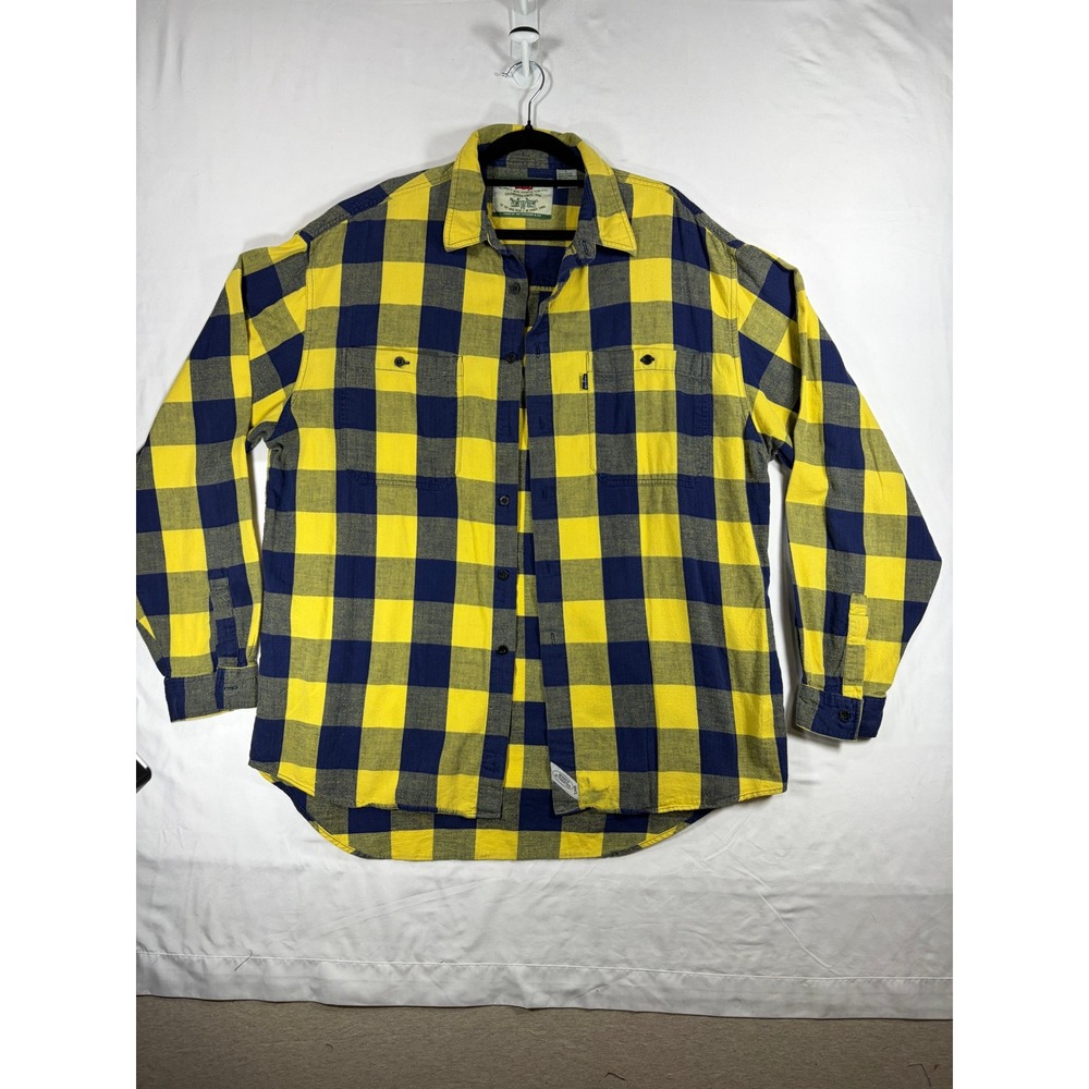 Levi's Flannel Shirt Mens L Yellow Blue Buffalo Plaid Good Workwear Grunge